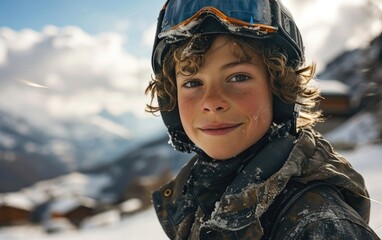 boy skier with Ski goggles and Ski helmet on the snow mountain