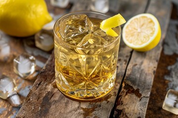 Wall Mural - a glass of ice and a lemon on a wood surface