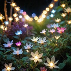 flower plant in the night garden. new year light decoration. shallow focus. beauty closeup backgroun