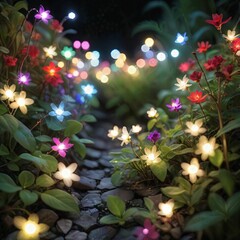 flower plant in the night garden. new year light decoration. shallow focus. beauty closeup backgroun