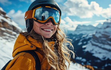 girl skier with Ski goggles and Ski helmet on the snow mountain