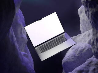 White Blank Screen Laptop 3D Mockup on a Dark Environment