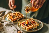 Fototapeta  - a person pouring syrup on waffles