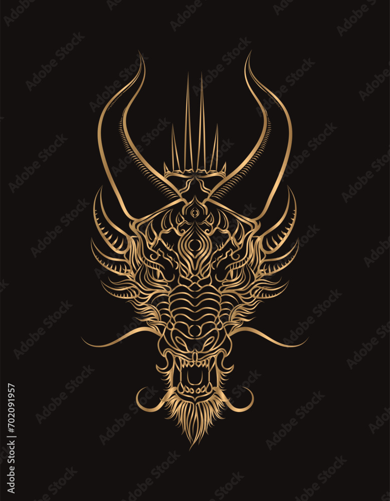 Vector line drawing dragon gold stripes on black background Stock ...