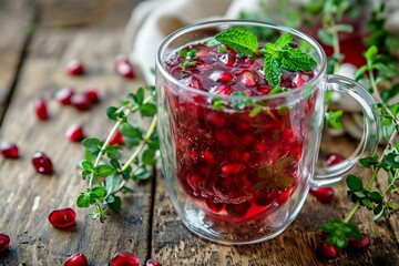 Wall Mural - a glass cup of pomegranate juice with mint leaves