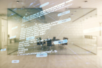 Aufkleber - Multi exposure of abstract programming language hologram on a modern furnished office interior background, artificial intelligence and machine learning concept