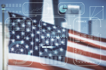 Poster - Multi exposure of abstract virtual graphic data spreadsheet sketch on US flag and skyline background, analytics and analysis concept