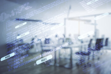 Poster - Multi exposure of abstract creative coding sketch and world map on a modern furnished office background, artificial intelligence and neural networks concept
