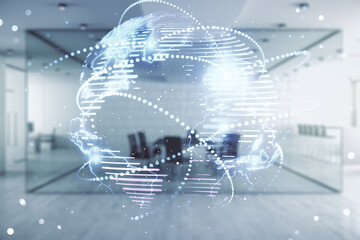 Poster - Double exposure of abstract digital world map hologram with connections on modern corporate office background, research and strategy concept