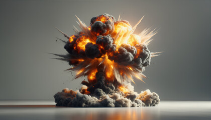A 3D rendering of a bomb explosion, capturing the moment of detonation with fire flames and smoke,