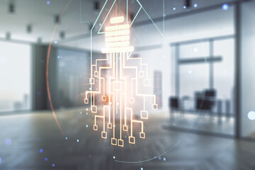 Poster - Virtual creative idea concept with light bulb and microcircuit illustration on a modern furnished office background. Neural networks and machine learning concept. Multiexposure