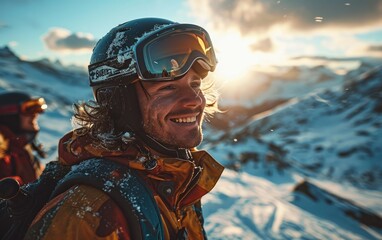 Sticker - skier man with friends with Ski goggles and Ski helmet on the snow mountain