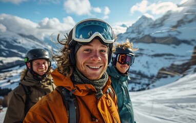 Sticker - skier man with friends with Ski goggles and Ski helmet on the snow mountain