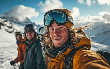 Wall Mural - skier man with friends with Ski goggles and Ski helmet on the snow mountain