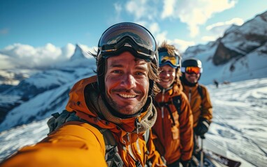 Wall Mural - skier man with friends with Ski goggles and Ski helmet on the snow mountain