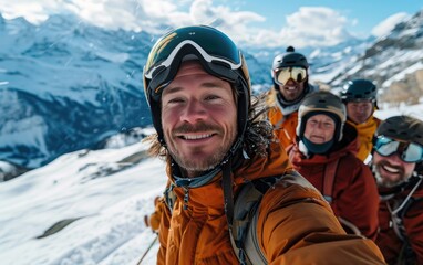 Wall Mural - skier man with friends with Ski goggles and Ski helmet on the snow mountain