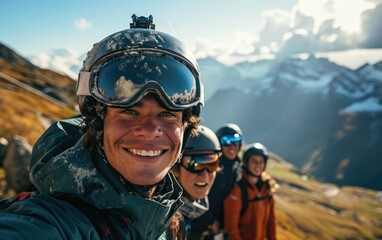 Wall Mural - skier man with friends with Ski goggles and Ski helmet on the snow mountain