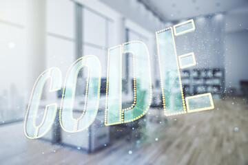 Aufkleber - Code word hologram on a modern furnished classroom background, international software development concept. Multiexposure