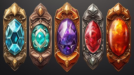 Wall Mural - Set of fantasy colored  gems for games. Diamonds with different cuts, fantasy mystic style. Isolated jewels, diamonds gem set. 