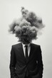 A businessman with smoke emitting from his head, symbolizing frustration and the dangers of modern technology. Generative AI.