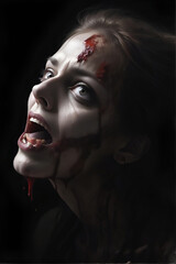 Fototapeta scary zombie with bloody face outdoors, closeup. halloween monster, ai generative