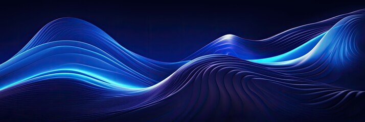 Poster - 3d render, abstract minimal neon background with glowing wavy line. Dark wall illuminated with led lamps. Blue futuristic wallpaper