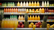 Fresh organic fruit drinks and juices in a supermarket