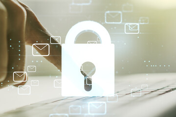 Poster - Creative light lock illustration with postal envelopes and hands typing on computer keyboard on background, cyber security and email protection concept. Multiexposure