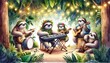 This enchanting watercolor captures sloths as musicians in a jungle, exuding a relaxed, joyous vibe under twinkling lights.