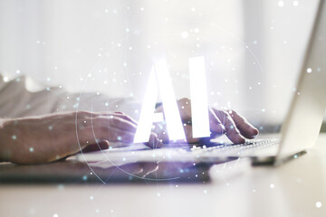 Poster - Creative artificial Intelligence symbol concept with hands typing on laptop on background. Multiexposure