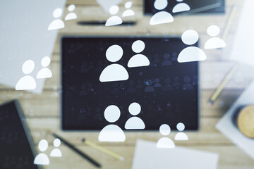 Poster - Social network media concept and modern digital tablet on desktop on background, top view. Double exposure