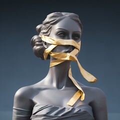 Silence. Symbolism. Goddess. Don't speak. Quiet. 3d render of a female statue with a golden ribbon wrapped around her face on grey background. Idol. Censor. Chest, shoulders, neck. Graceful woman