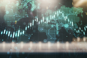 Poster - Multi exposure of abstract financial diagram and world map on contemporary business center exterior background, banking and accounting concept