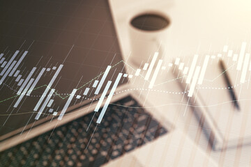 Poster - Double exposure of abstract creative financial chart on modern laptop background, research and strategy concept