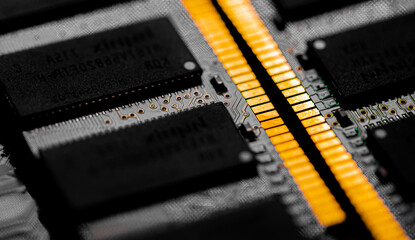 Wall Mural - Macro Close up of computer RAM chip and motherboard