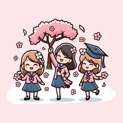 Free vector cute girl character celebrate Cherry Blossom Day 2024 cartoon flat isolated illustration