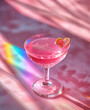 A Pink Cocktail with a Heart Shaped Orange and a Rainbow in Natural Sunlight
