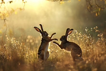 Two March Hares Boxing And Fighting In The Spring In A Springtime Meadow During The Mating Season, Stock Illustration Image