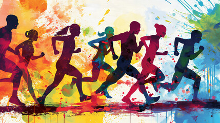 Wall Mural - Male and female athlete runners doing a training exercise for a sports race event by jogging and running shown in a contemporary athletic abstract design, stock illustration image