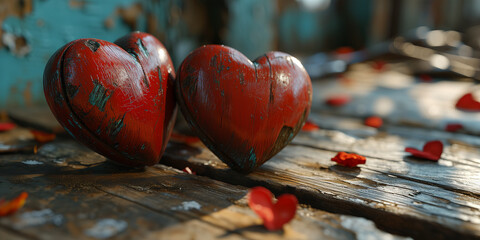 Wall Mural - Two red Wooden Hearts