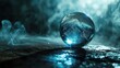 A glass sphere reflecting bluish light and smoke on a wet stone floor. The concept of mysticism and prophecy.