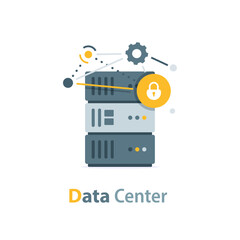 Poster - data center, web servers, service, internet connection, cloud servers with security icons flat