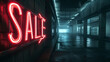 Huge neon sign Sale. Glowing sale light advertising in an empty room. Theme of discount and commerce