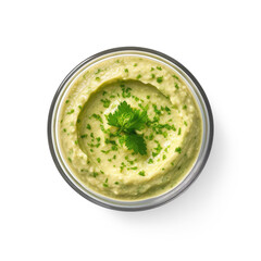 Wall Mural - bowl of mashed green peas sauce with mint leaf on top, from top view on isolate transparency background, PNG