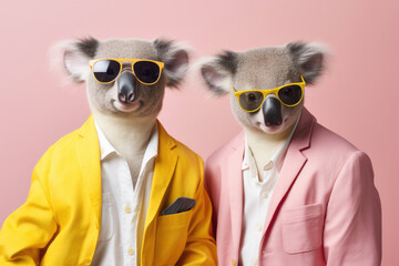 Wall Mural - Koalas in suits with sunglasses. Concept of animal charisma and style.