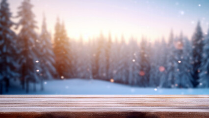 Poster - Empty wooden table against snowy landscape with bokeh fir trees and snowflakes at sunset background. High quality photo