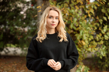 Sticker - Beautiful woman in stylish warm sweater outdoors