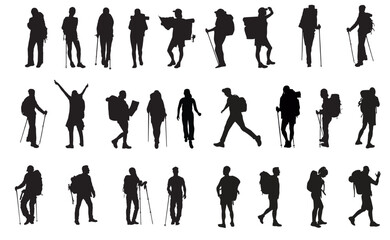 silhouette of hiker. collection of male and female hiker. mountaineer climber hiker people, vector s