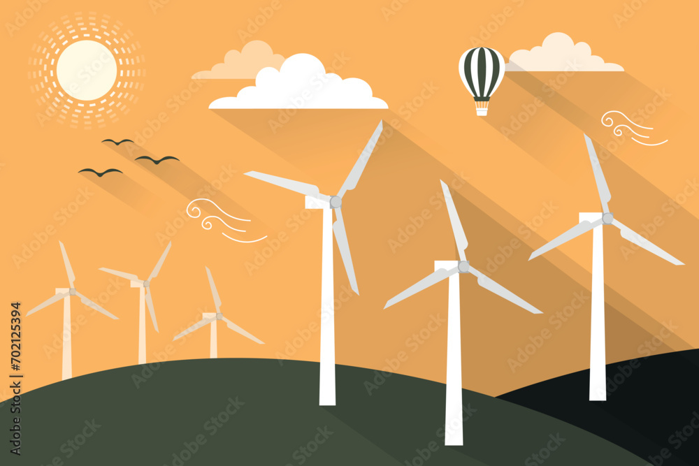 Vector Flat Design Banner of renewable energy concept. Wind Turbines ...