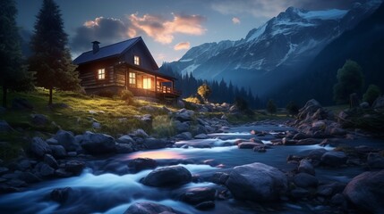 Canvas Print - Old romantic illuminated wooden cabin in the mountains by a wild stream torrent at dusk